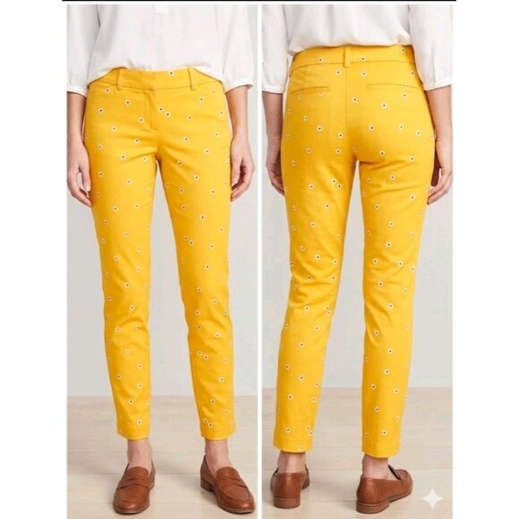 Old Navy Pixie Ankle Pants Size 2 Yellow Embroidered Daisy Floral Stretch Chino - Picture 1 of 8